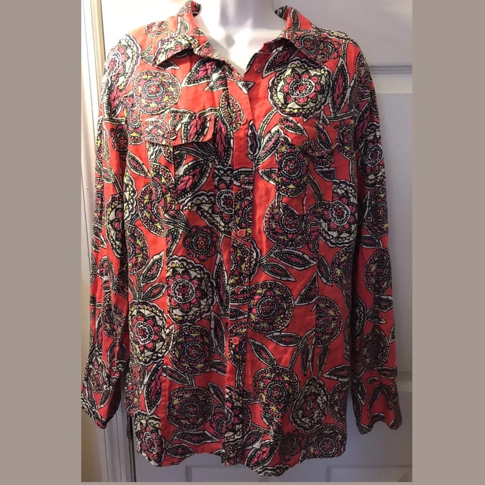 CHARTER CLUB Floral 100% Linen Blouse Top Shirt Coral Pink Yellow Blue White